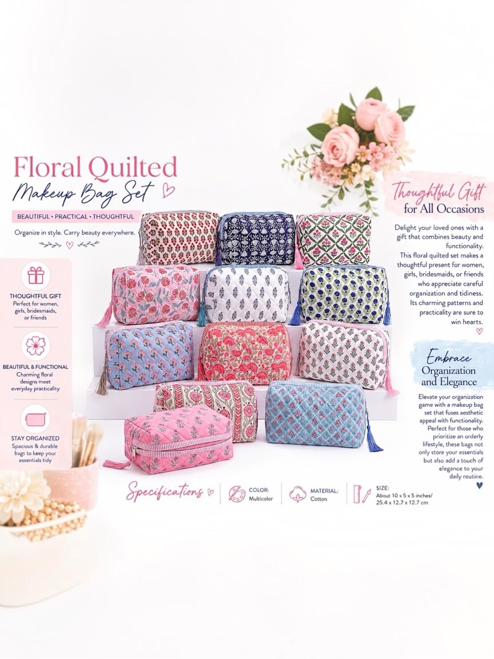 Handblocked Floral Cosmetic or School Pouch - Quilted large pick 1